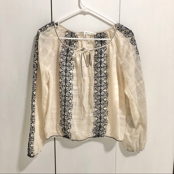Max Studio Tops - Max Studio ivory peasant blouse with navy geometric embroidery size medium